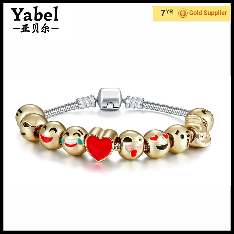 

Emoji Charm Bracelet 18k Gold Plated bead jewelry for women bracelet emoji beads, Sliver