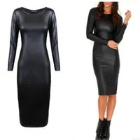 

European Women fashion elegant celebrity winter long sleeves sexy party slim fit tight pu leather dresses