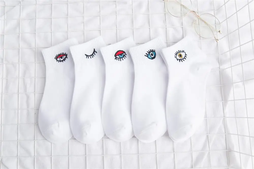 
Embroidery Eye Socks White Meias Socks Women Ankle 