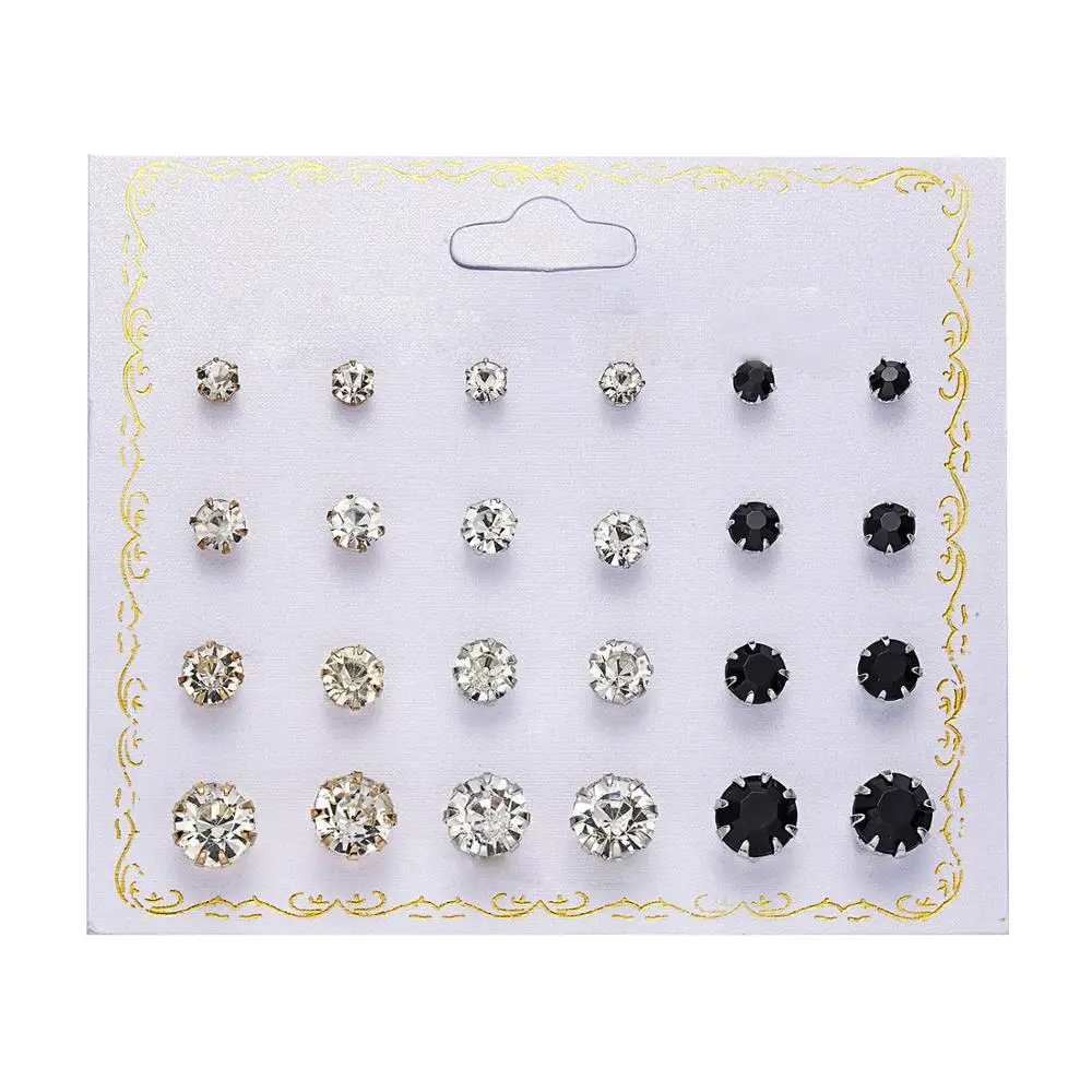 

12 Pairs/Set Lady Rhinestone Crystal Black Round Earrings Set Ear Stud Jewelry