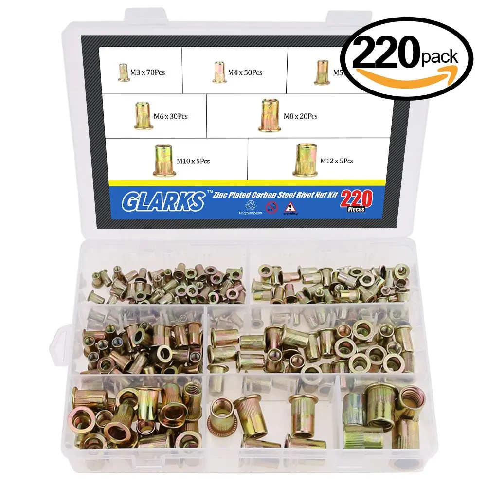 Glarks 220-Pieces Mixed Zinc Plated Carbon Steel Rivet Nut Kit Threaded Insert Nutsert - 7 Size M3/4/5/6/8/10/12