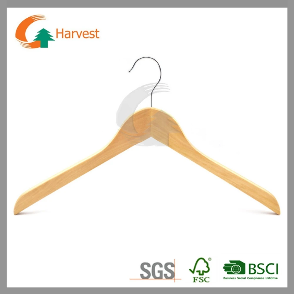 
Natural color beech wood shirt hanger with chrome hook 