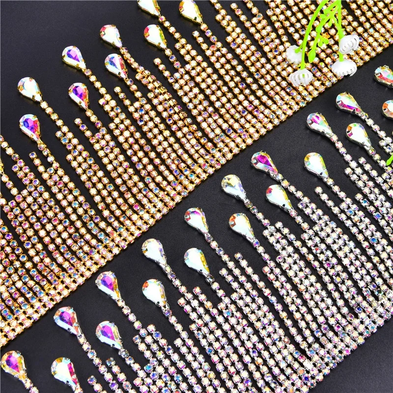 Bling rhinestone long tassel AB crystal chain,diamante gold base chain rhinestone trim dance clothes collar headband trim