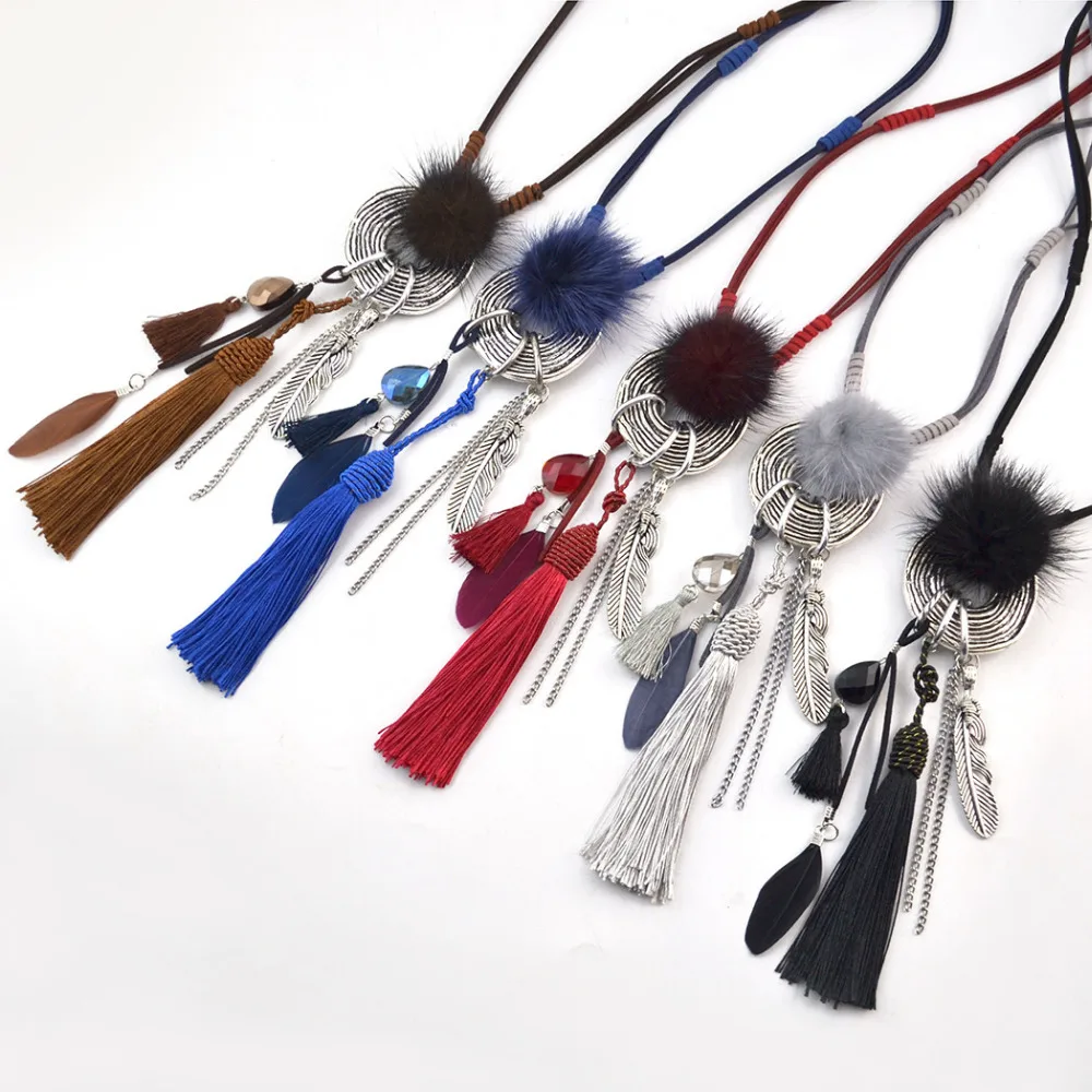 

Acrylic Thread Feather Tassel rope necklace large costume jewelry necklace fashionable new design necklace, Blue;brown;black;gray;red