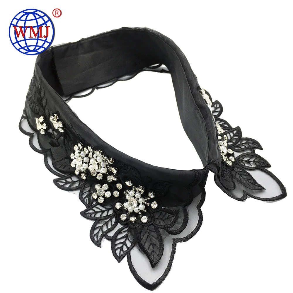 

Wholesale African design black beaded Organza Embroidery lace collars for lady blouses, Can be customized