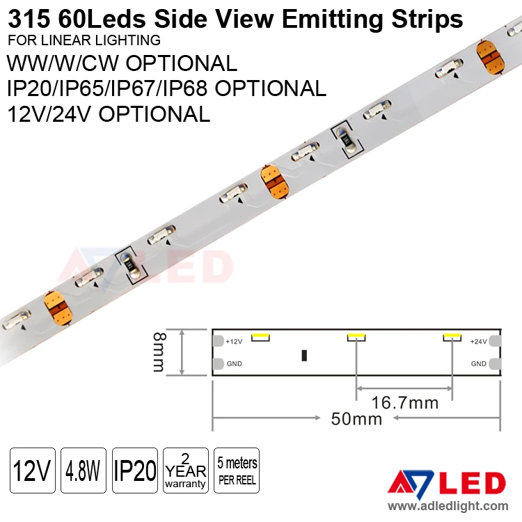 Cuttable 12v 24v 315 335 smd side emitting led strip light for showcase