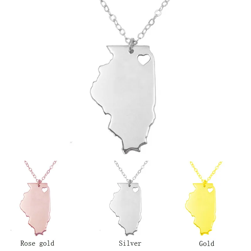 

2016 Factory Wholesale Stainless Steel Three Colors Gold Plated Handcrafted USA Illinois State Outline Map Necklace for American