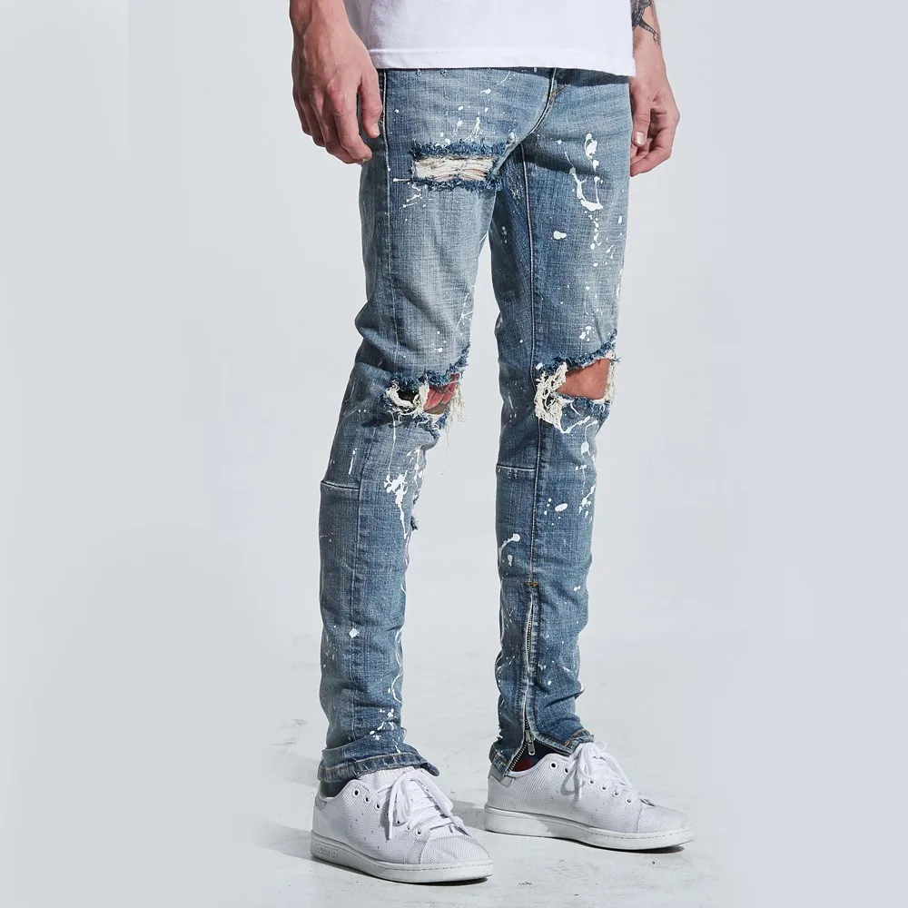 Sea Blue 2019 Jeans Men Custom Patchwork Distress Ripped Skinny Jeans ...