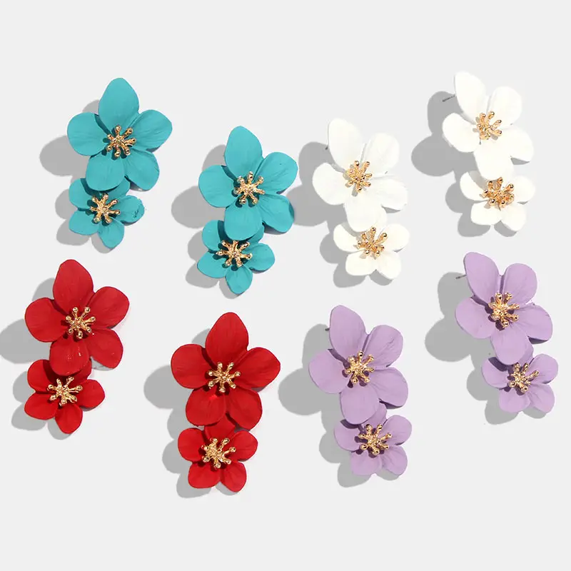 

New Double Flower korean Earrings For Women Statement Ethnic Floral Drop Earring 2019 Fashion Jewelry Pendientes