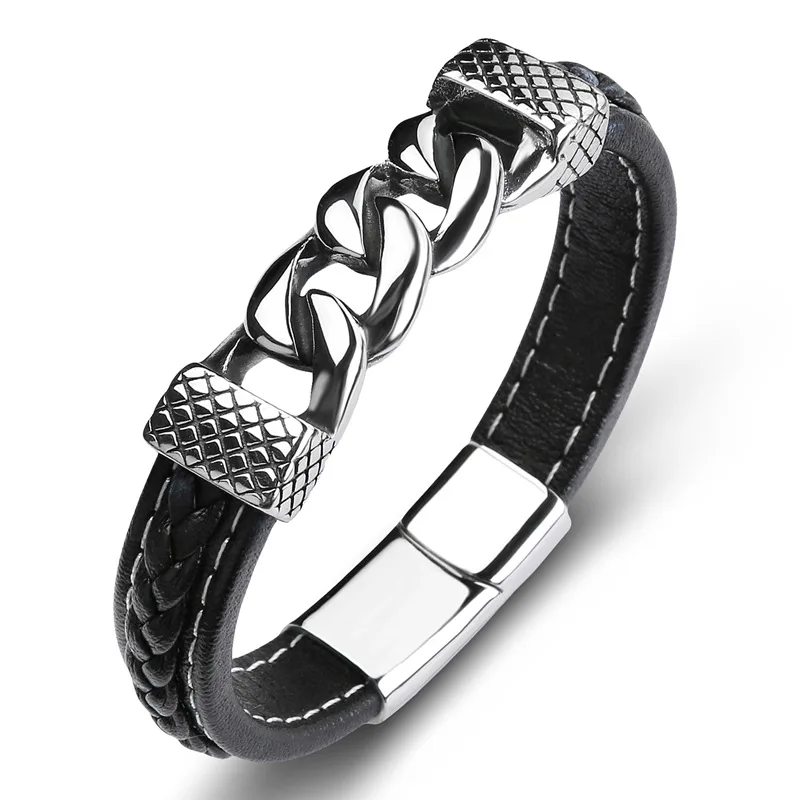 

Luxury Personalized Chain Link Buckle Braided Men Cool Ladies Leather Wrist Bracelet Wholesale, Black