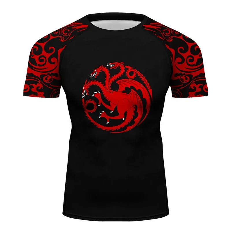 

BJJ Jiu Jitsu Rashguard House Targaryen Printing Men Short Sleeve Rash Guard Compression Shirt for No-Gi, Gi, MMA, Black/red