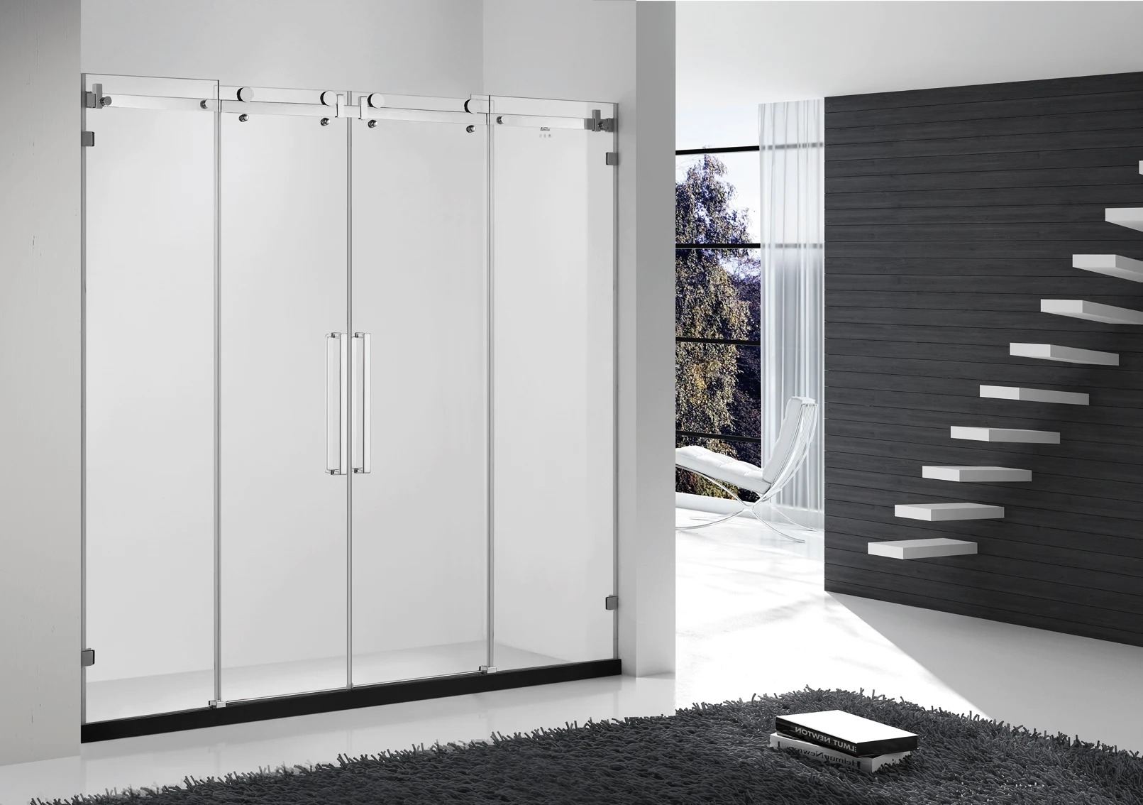 big SUS 304 roller frameless design square shape glass shower