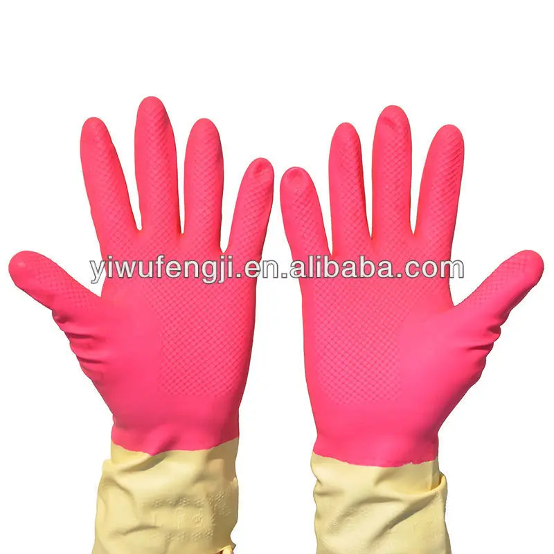 Double Color Household Latex Gloves/blue + Yellow Comfortable And