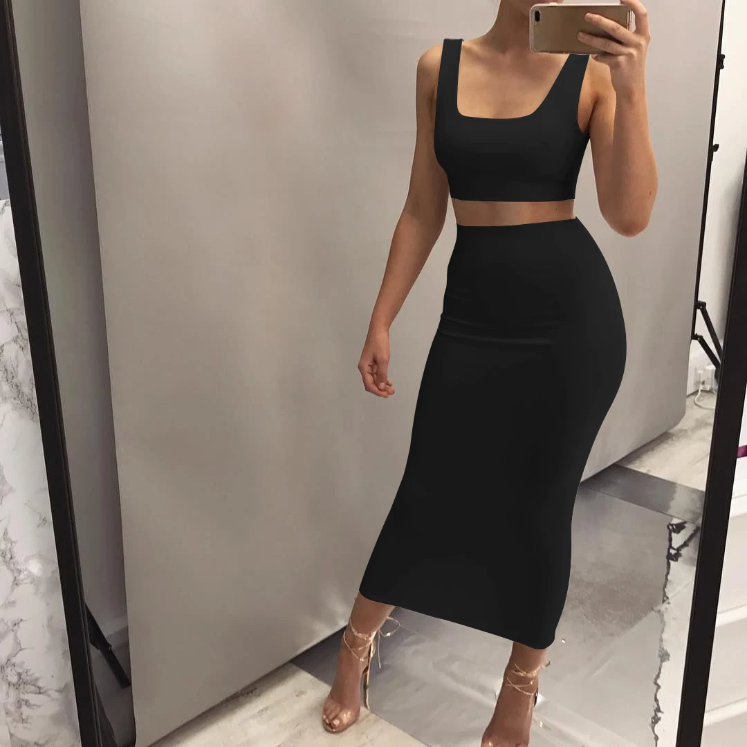 

TOB 2019 autumn wholesale bodycon dresses sexy sleeveless two-piece long dress vest & skirt suit JZ460, Red,white,black