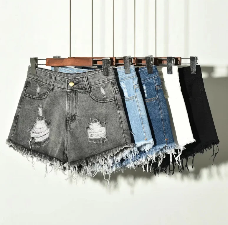 

938 Broken Hole Fringed Burrs Denim Shorts Pants Summer Women, Black;white;wine red