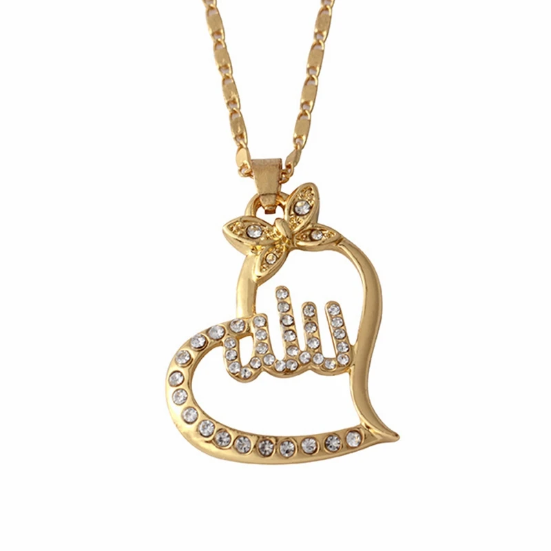 

Personalized Religious Muslim Necklace Jewelry Zircon Inlay Bowknot Allah Pendant Heart Necklace, Rose gold,gold