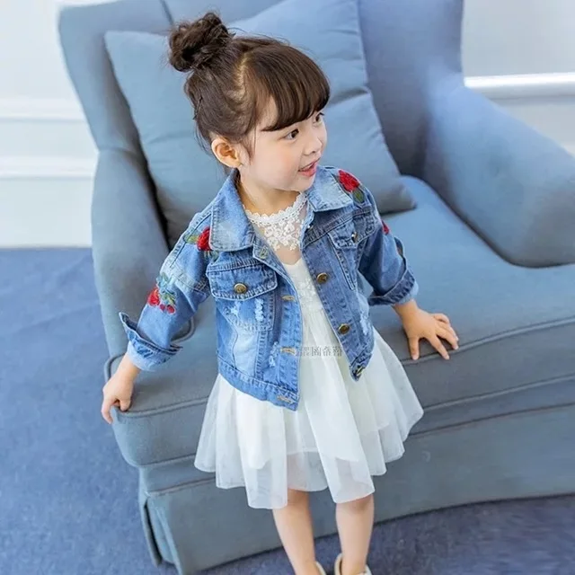 

Korean children denim jacket 2018 spring new designs baby girl rose flower jeans coat, As picture