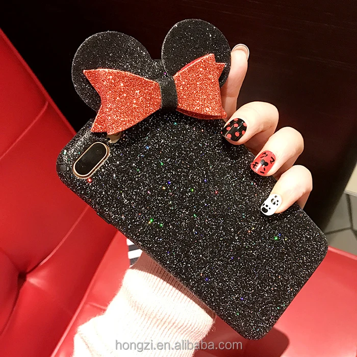 

Shine Bling Mouse Ear Soft TPU Case For iPhone 6 6s 7 8 Plus Back Phone Cover Cases 3D Bowknot Flash Powder