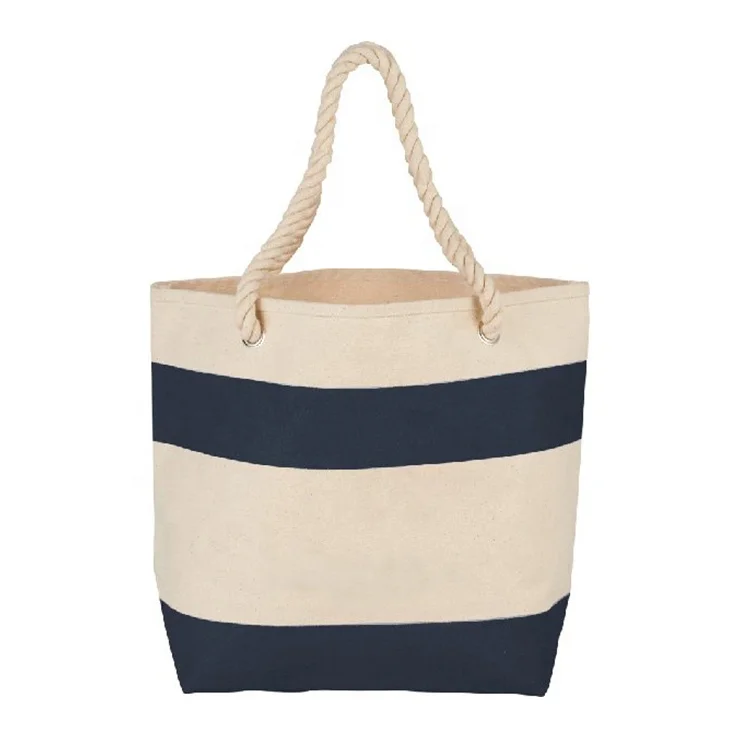 

Factory Price High Quality wholesale stripe canvas beach rope handle tote bag, Customized