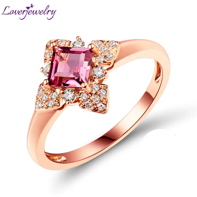 

Wholesale Fine Jewelry Princess Cut Pink Tourmaline Diamond In Solid 18 KT Rose Gold Wedding Rings For Ladies Gift
