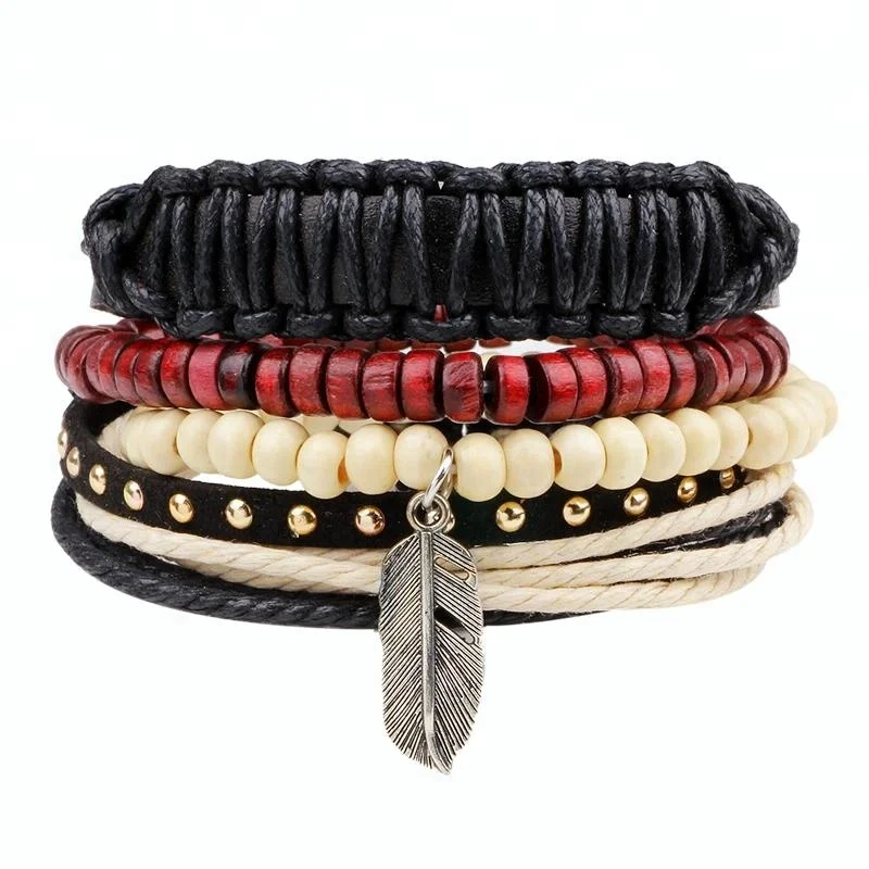 Women Men Wood Beads Alloy Feather Charm Layers Rope Stretched Leather