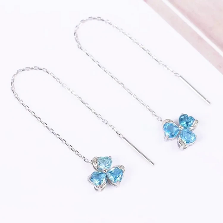 

Fashion jewelry womens long chain earrings 925 sterling silver blue topaz gemstone silver drop earring wire for women