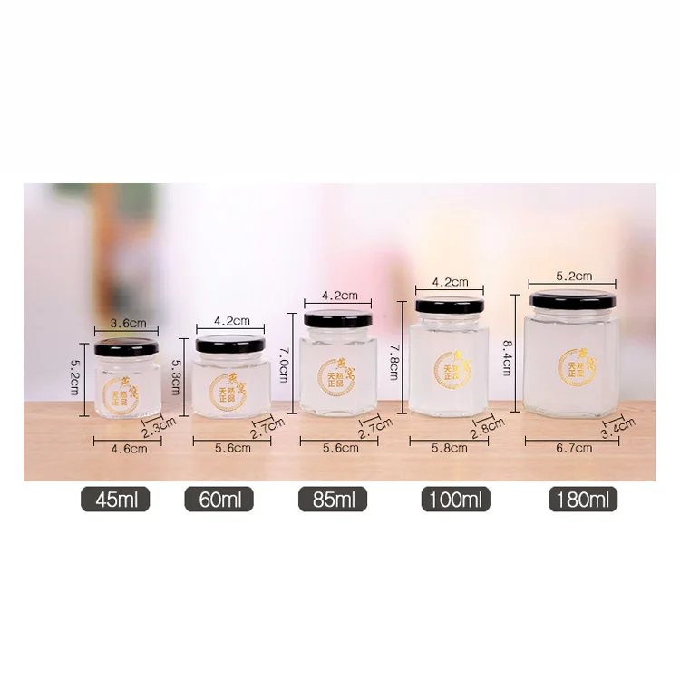 

Hot sale high quality Hexagon glass queenline honey jars with Lid, Transparent color/ clear color or customized
