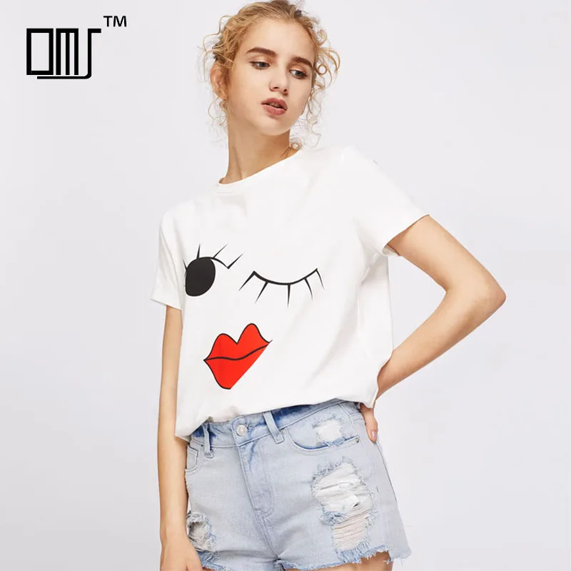 

Wink digital printing cute t shirt wholesale cotton clothes for women, White with print & customized