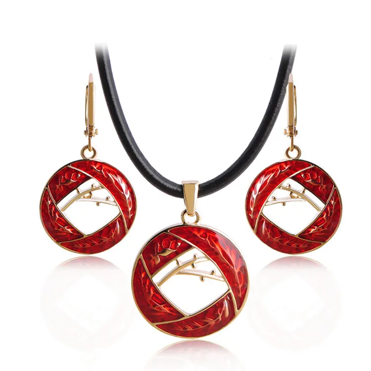 

Wholesale Newest Enamel Round Earrings Necklace Set Rope Chain Leaf Shape Long Jewelry Sets, Red;blue;green