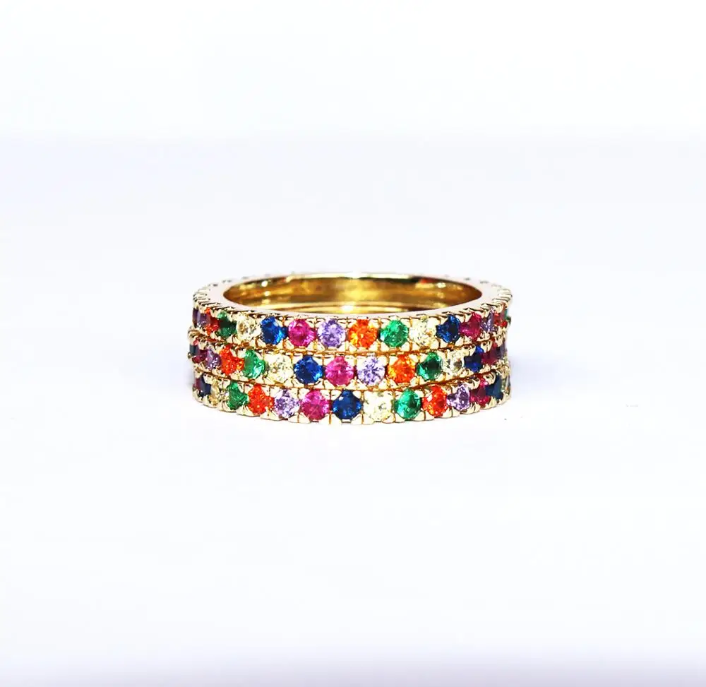 

Hot sale Micro pave colorful fine jewelry wholesale mix color gemstone rainbow ring for couple, Multi color
