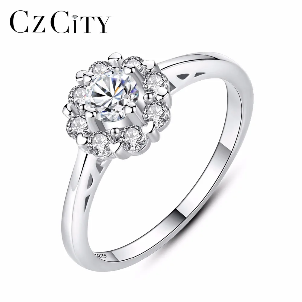 

CZCITY Hot Sale Wedding Women Ring Double Flower Shape Sterling Silver 925 Ring Mounting Mini CZ Clear Crystal For Party