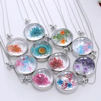 

alloy necklace newest flower design gold necklace Glass Real Dry Flower Pendant Necklace