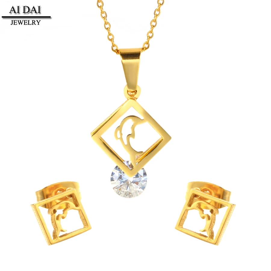 

Cheap Wholesale Stainless steel jewelry 22K gold Zircon and dolphin jewelry sets women