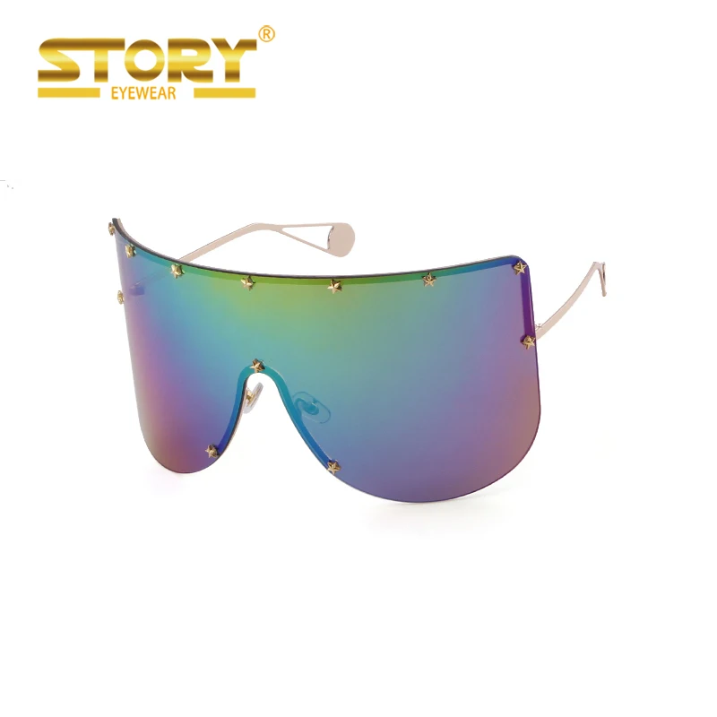 

STORY STY1902G Women Men Oversized Vintage Shades Sunglasses Brand Designer Big Rimless Visor Mirror Sun Glasses