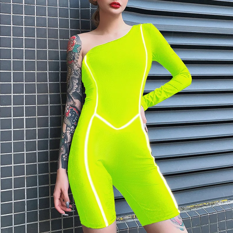 

One Shoulder sexy neon green long sleeve jumpsuit yoga pants clothes for ladies with reflective, Customized color