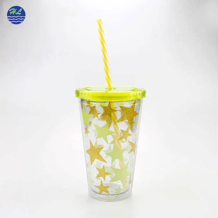 New Products Wholesale Double Wall Paper Insert Reusable Drinking Cups Straw 16oz Plastic Cup