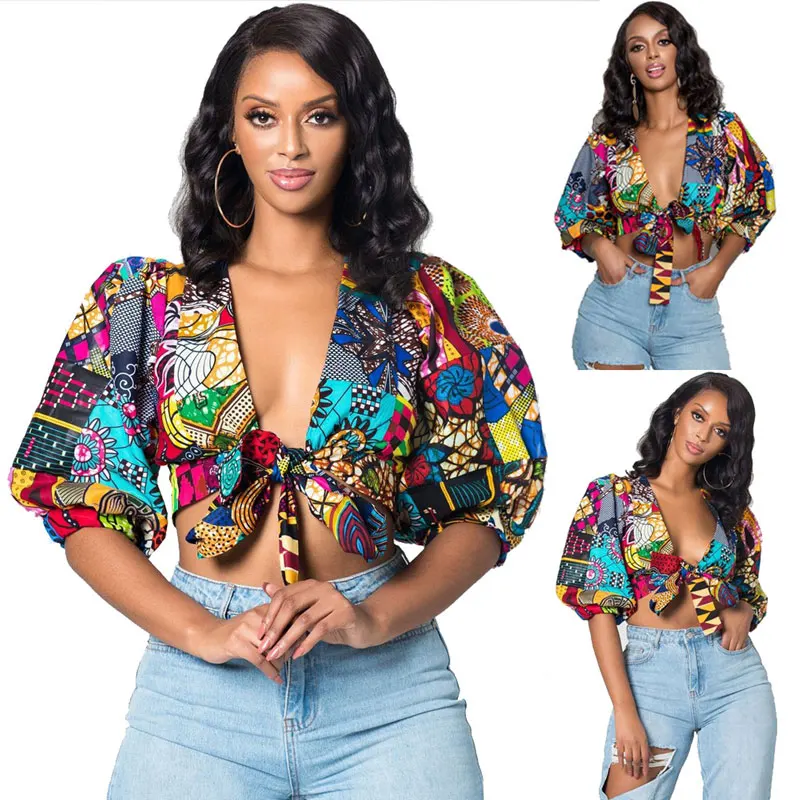 

90611-MX16 fashion sexy knot crop tops printed short womens blouses