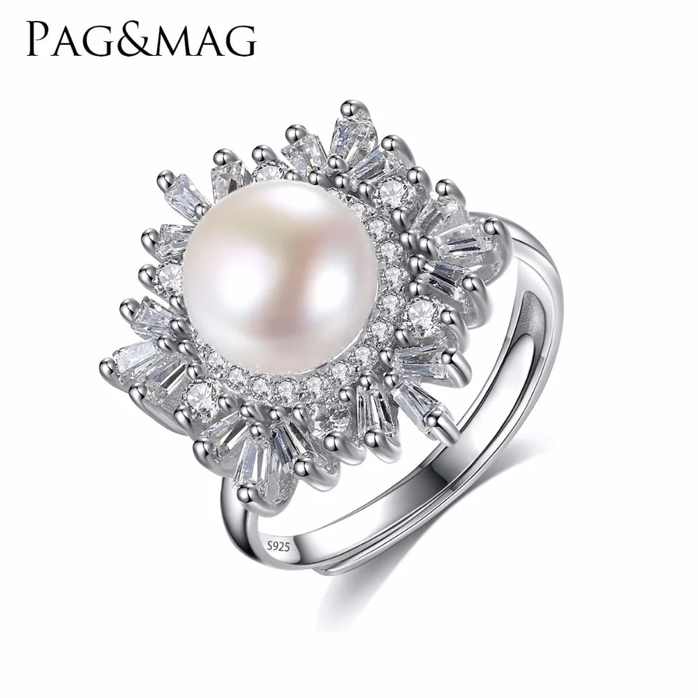 

PAG&MAG Wholesale African Jewelry Small Snowflake Shape Freesize Ring Paved Clear CZ Crystal With Freshwater Pearl For Wedding