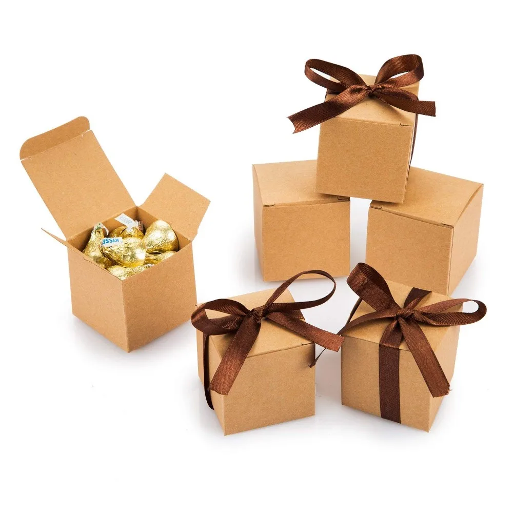 Kraft Gift Candy Box Bulk 2x2x2 Inches With Brown Ribbon Party Favor