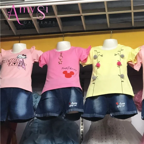 

2.99 dollar GT030 High quality cotton t shirt and jean shorts kids girls set fashionable clothes summer boutique clothing, Mix color