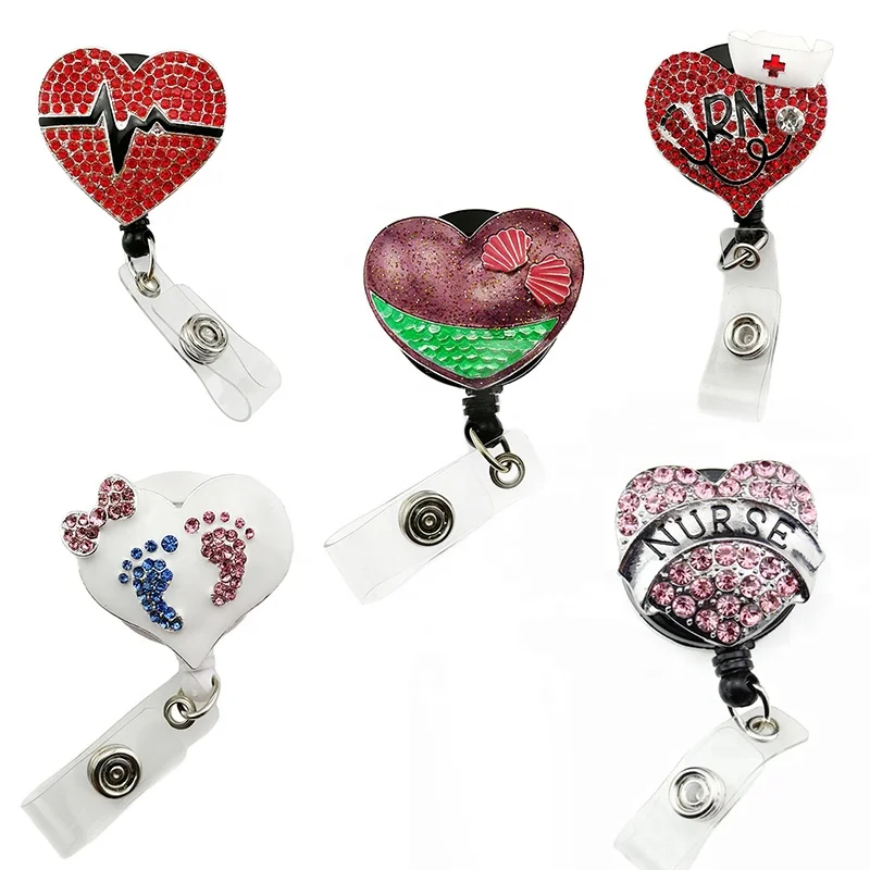 

mix multicolour rhinestone heart shape nurse RN retractable ID card badge holder pull reel, Various;as your choice