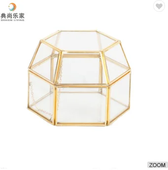 Hexagonal Gold Jewelry Storage Box Clear Glass, Favor Box Wedding, Countertop Geometric Glass Box