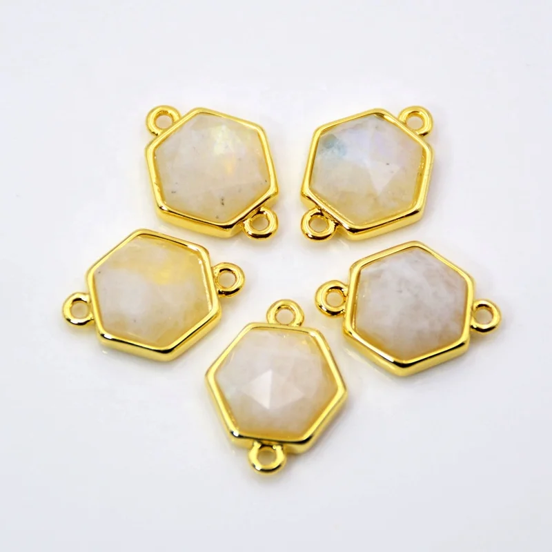 

White Moonstone faceted Hexagon shape Gemstone connector,gold plated setting jewelry charms, bracelet findings