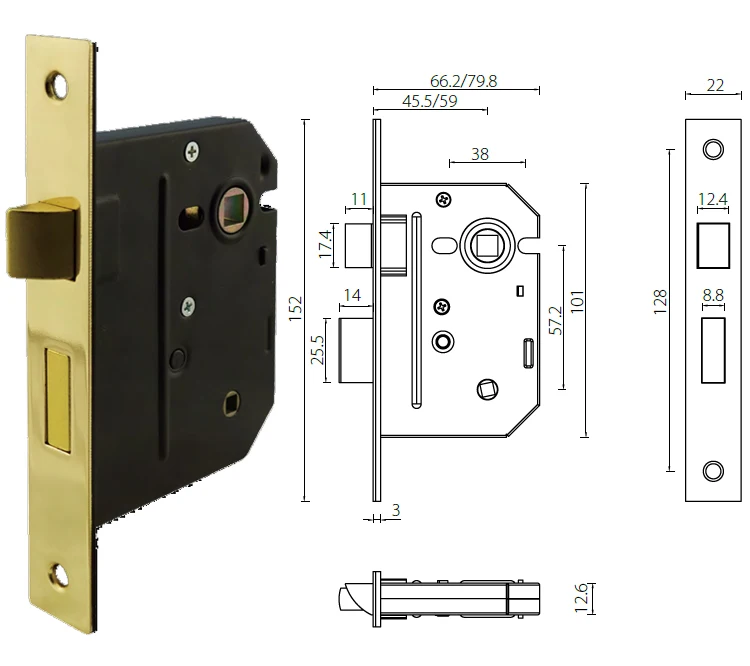 Double Forend Design 3 Lever Mortice Sash Lock For Sliding Bathroom