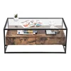 VASAGLE Industrial Coffee Table, Tempered Glass Top with 2 Drawers and Rustic Shelf, Decoration Tea Table in Living Room Lounge
