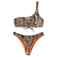 

Snakeskin Print One Shoulder Reversible Bikini Set Women Two Pieces Sets Reversible Bikini Wirefree One Shoulder Swim Sets