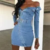 NS3665 Sexy Women Fashion Casual Boat Neck Off Shoulder Denim Jeans Dresses