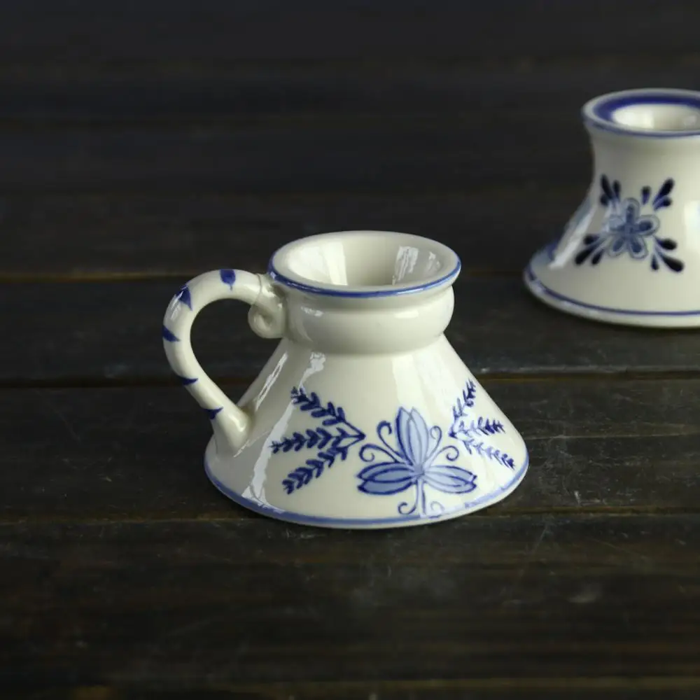 ceramic blue and white stoneware candle holder
