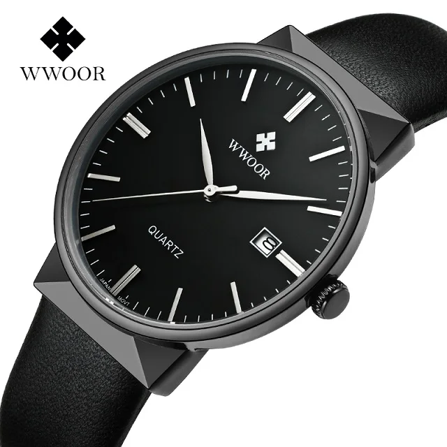 

WWOOR hot selling products business custom mens genuine full black leather men luxury quartz casual wrist-watch orologio uomo, White / blue / glod / black