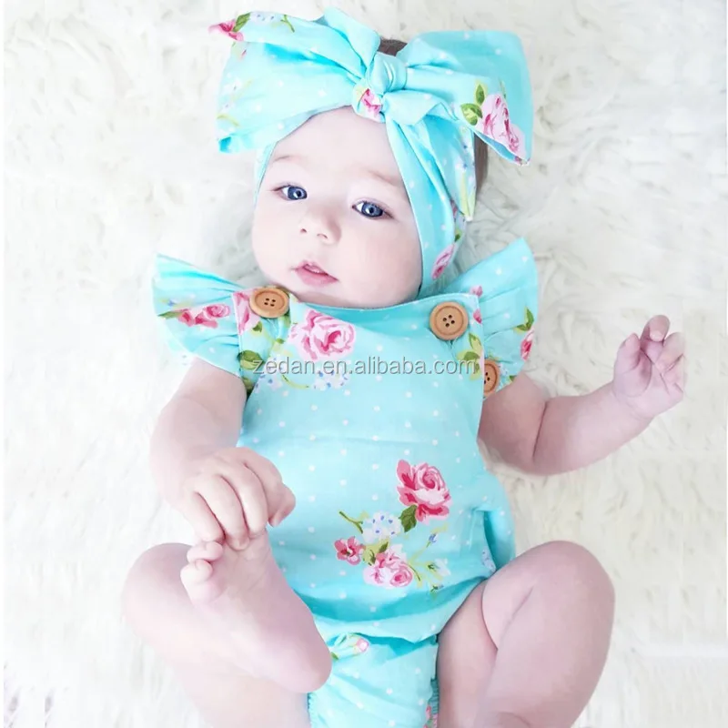 

Boutique floral romper & headband baby romper backless button onesie pajama ruffle suspender baby girl romper floral outfits